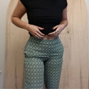 Max Studio Black Top and Green Patterned Wide Leg Pants